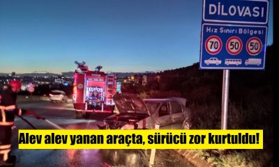 Trafik levhasına çarpan otomobil alev aldı!