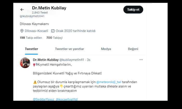 Dilovası Kaymakamı Dr. Metin Kubilay, Fırtına Uyarısında Bulundu